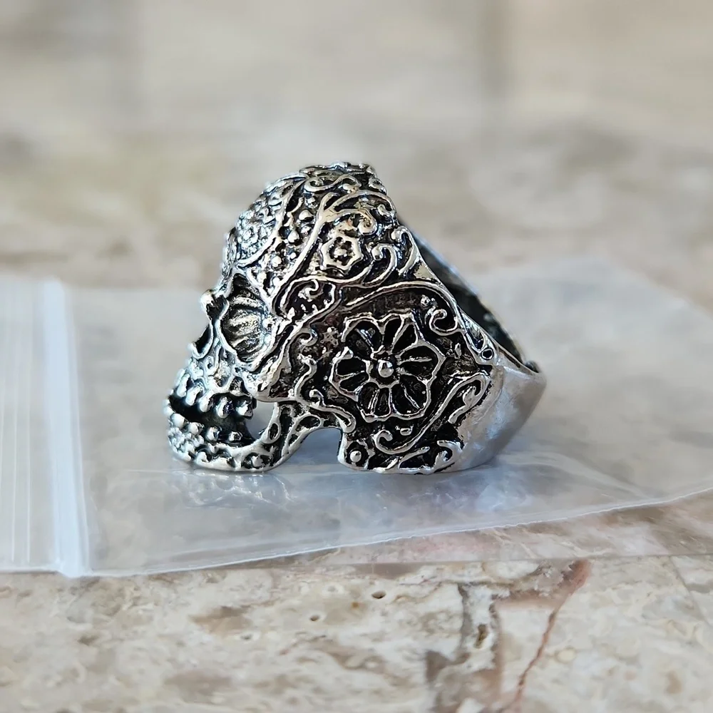 Intricate Silver Skull Ring, Adjustable